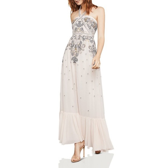 bcbg embroidered chiffon halter gown